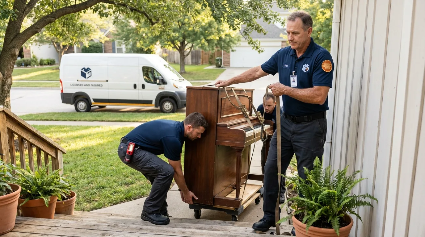 Licensed piano movers securing grand piano in Bay Pines, FL