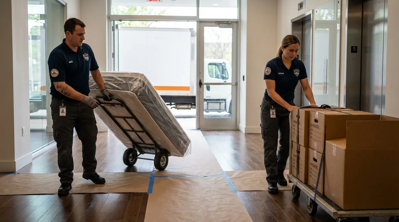 Professional apartment movers loading elevator in Bay Pines, FL